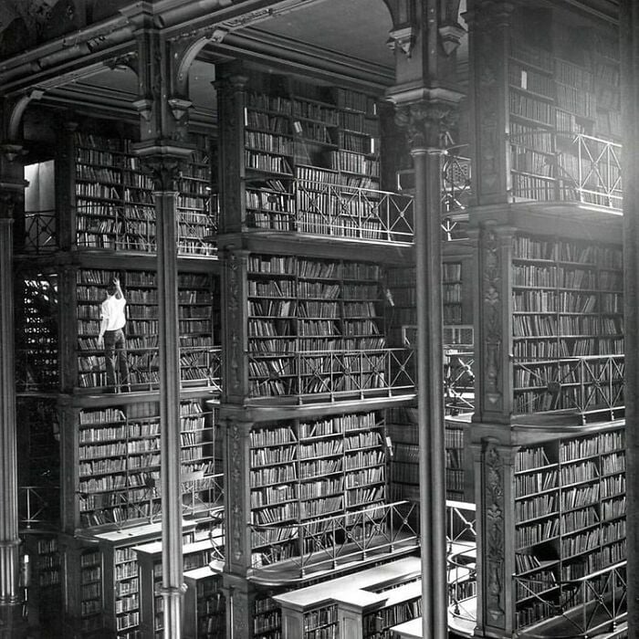 宏偉的圖書館內部，高聳的書架、多個陽台，以及一個人在充滿魔幻的場景中伸手取書。