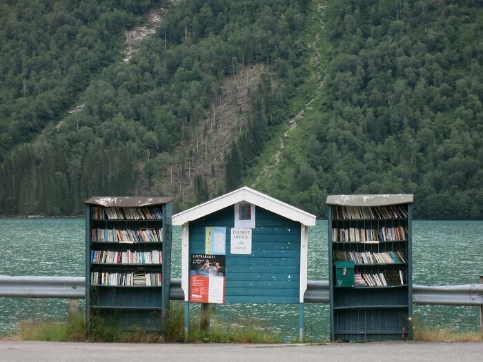 Prateleiras de biblioteca ao ar livre à beira do lago com livros ao lado de um pequeno escritório de turismo azul, cercado por uma exuberante floresta verde.